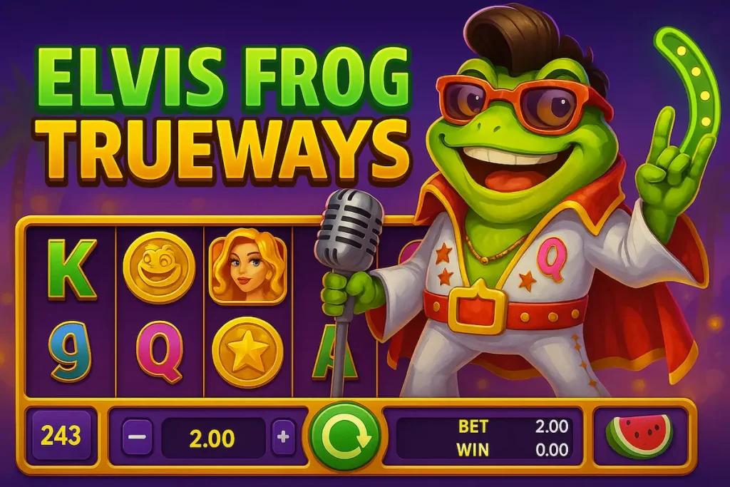 Elvis Frog TrueWays slot game interface with reels, neon Vegas background, and Elvis Frog in a white jumpsuit holding a microphone.